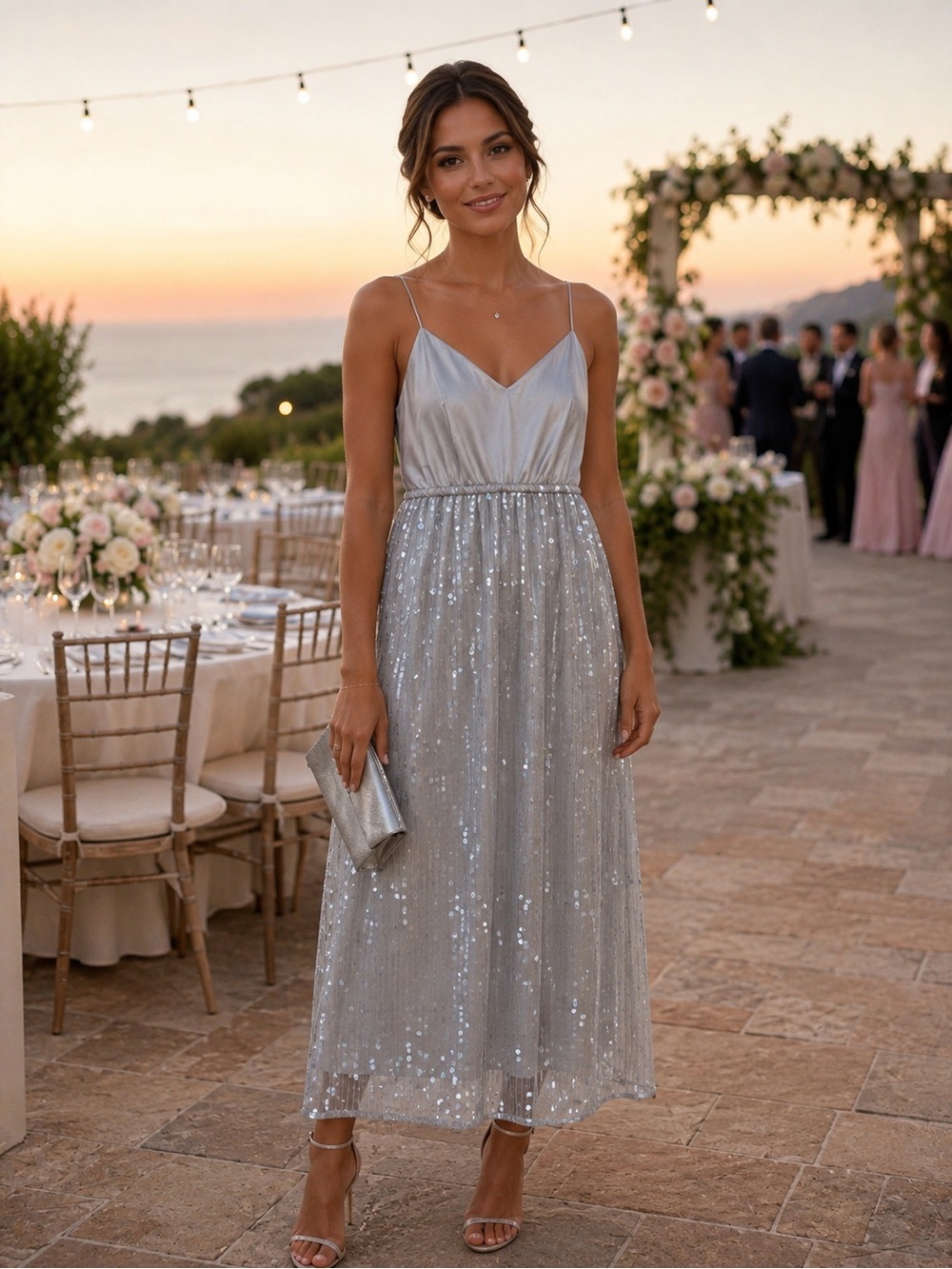 Halogen Dress Midi Silver Sequin Spaghetti-Strap MSRP $168